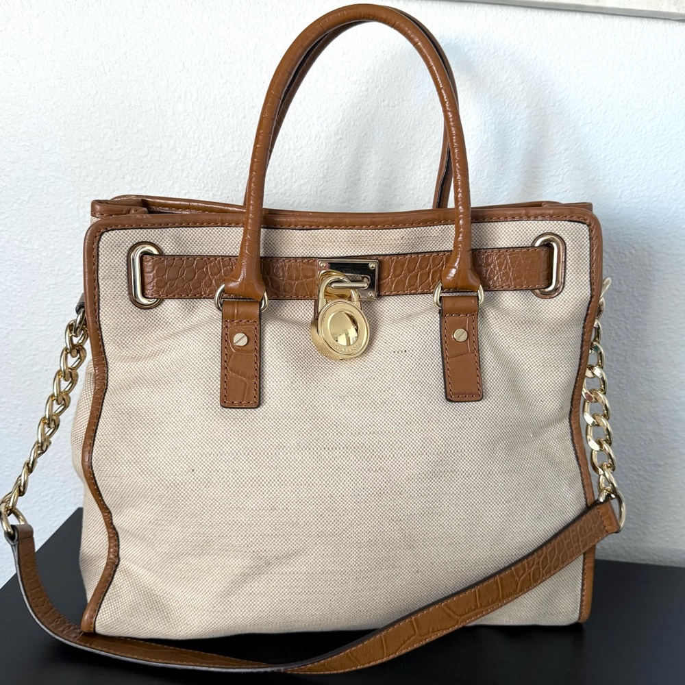 Michael Kors Hamilton Beige Linen and Crocodile Embossed Leather Shoulder